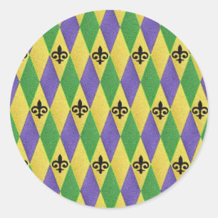 Mardi Gras Harlequin Fleur De Lis Classic Round Sticker