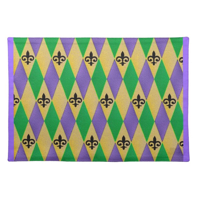 Mardi Gras Harlequin Fleur De Lis Cloth Placemat (Front)