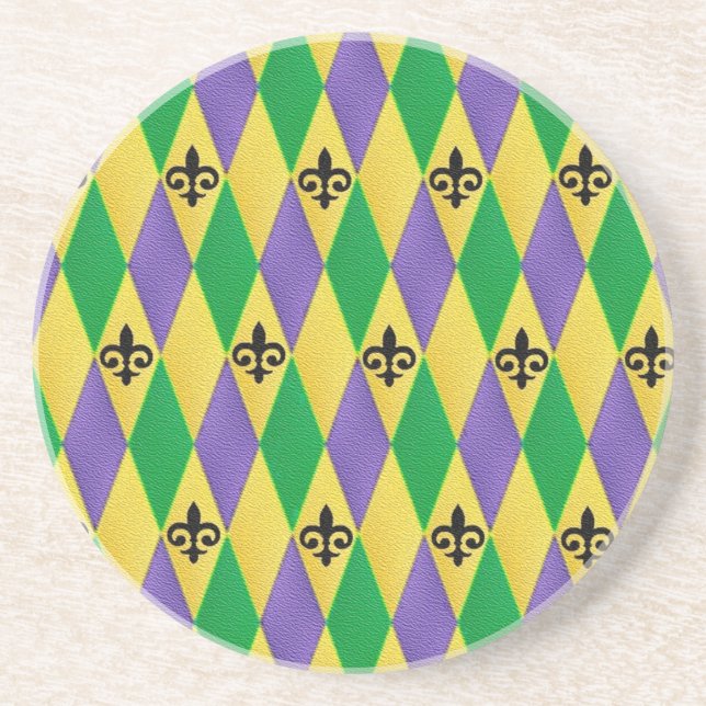 Mardi Gras Harlequin Fleur De Lis Drink Coaster (Front)