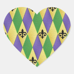 Mardi Gras Harlequin Fleur De Lis Heart Sticker