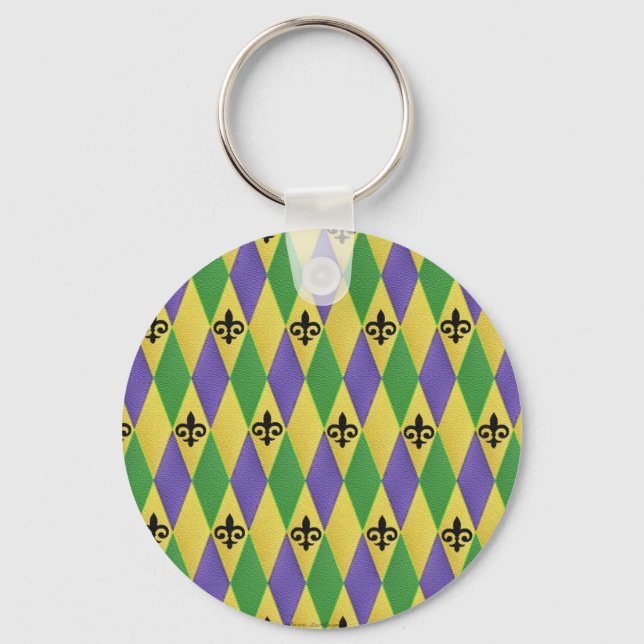 Mardi Gras Harlequin Fleur De Lis Keychain (Front)