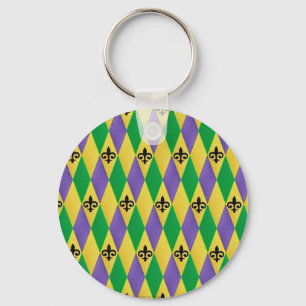 Mardi Gras Harlequin Fleur De Lis Keychain
