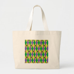 Mardi Gras Harlequin Fleur De Lis Large Tote Bag