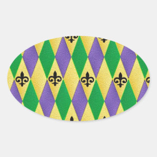 Mardi Gras Harlequin Fleur De Lis Oval Sticker