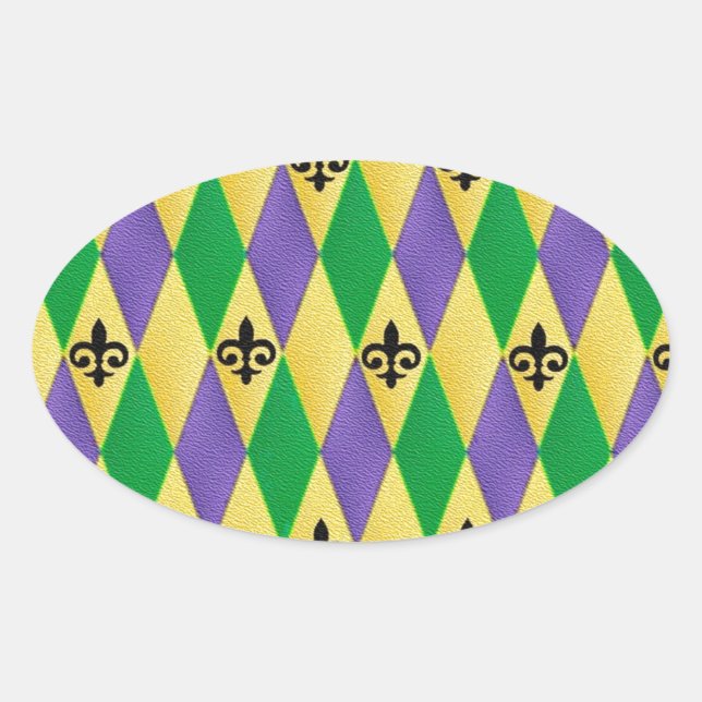 Mardi Gras Harlequin Fleur De Lis Oval Sticker (Front)