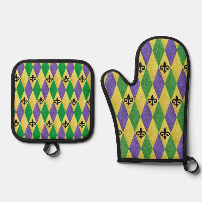 Mardi Gras Harlequin Fleur De Lis Oven Mitt & Pot Holder Set (Front)