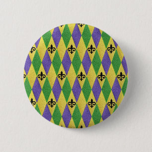 Mardi Gras Harlequin Fleur De Lis Pinback Button