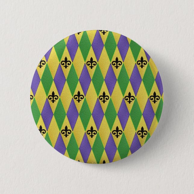 Mardi Gras Harlequin Fleur De Lis Pinback Button (Front)