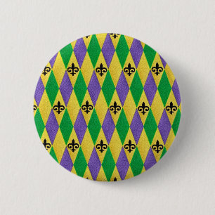 Mardi Gras Harlequin Fleur De Lis Pinback Button