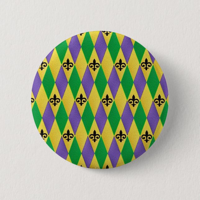 Mardi Gras Harlequin Fleur De Lis Pinback Button (Front)