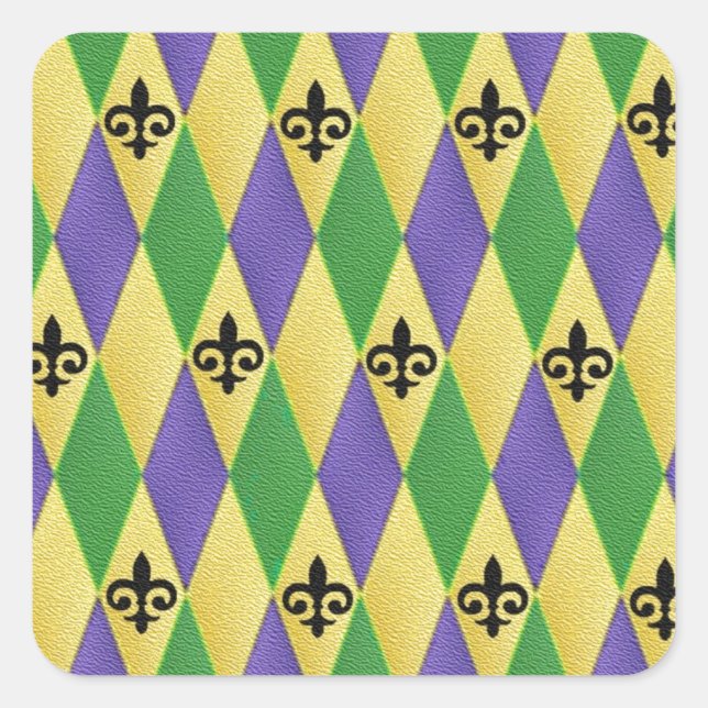 Mardi Gras Harlequin Fleur De Lis Square Sticker (Front)