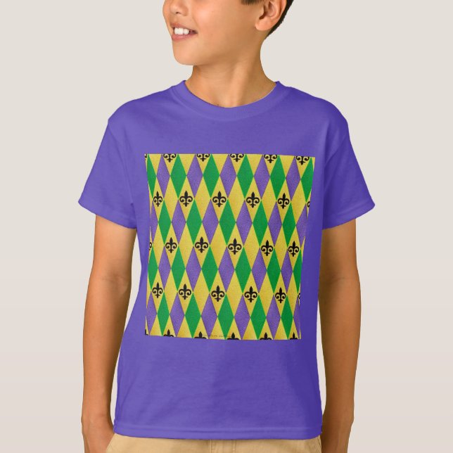 Mardi Gras Harlequin Fleur De Lis T-Shirt (Front)