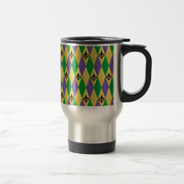 Mardi Gras Harlequin Fleur De Lis Travel Mug (Right)
