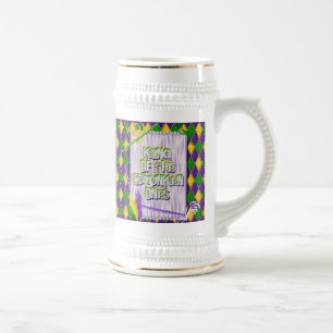 Mardi Gras Harlequin Pattern, Beads, Feathers Beer Stein
