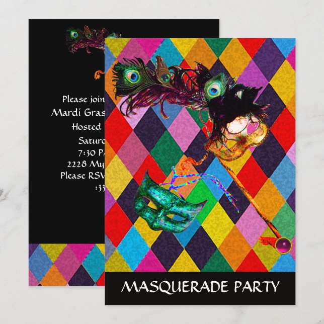 MARDI GRAS HARLEQUIN PATTERN Colorful Rhombi  Invitation (Front/Back)