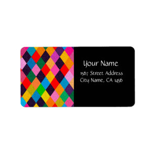 MARDI GRAS HARLEQUIN PATTERN Colorful Rhombi Label