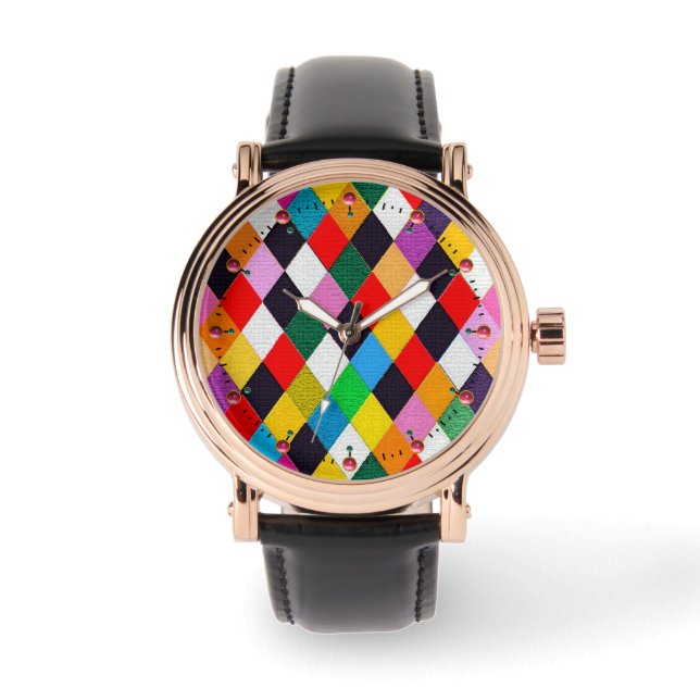 MARDI GRAS HARLEQUIN PATTERN Colorful Rhombi Watch (Front)