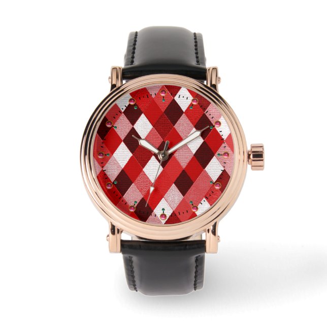 MARDI GRAS HARLEQUIN PATTERN Red Pink White Rhombi Watch (Front)