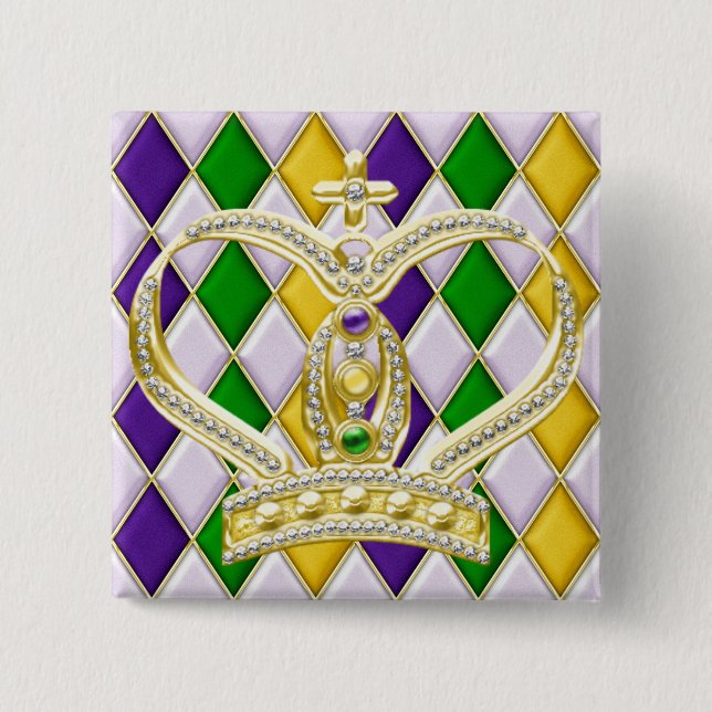 Mardi Gras Harlequin Square Button with Crown (Front)