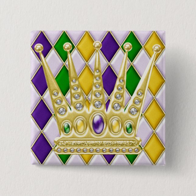 Mardi Gras Harlequin Square Button with Crown (Front)