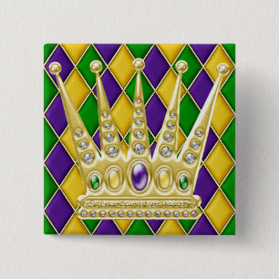 Mardi Gras Harlequin Square Button with Crown