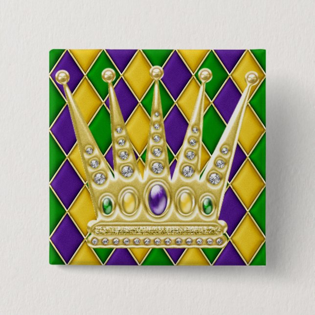 Mardi Gras Harlequin Square Button with Crown (Front)