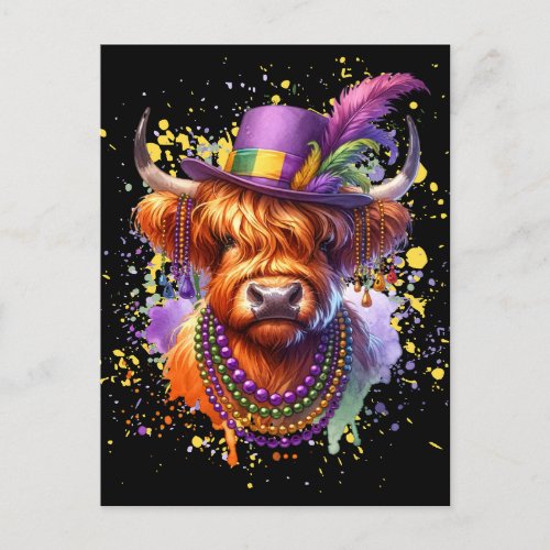 Mardi Gras Highland Cow Postcard