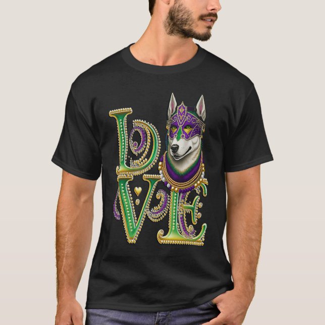 Mardi Gras Husky Word LOVE Masquerade T-Shirt (Front)