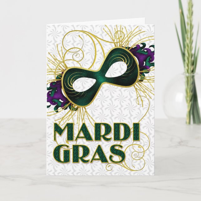 Mardi Gras in Violet Gold Green Mask Card (Front)