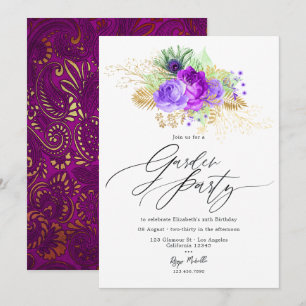 Mardi Gras Inspired Purple and Gold Floral Garden Invitation