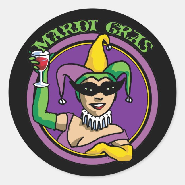 Mardi Gras Jester Girl Classic Round Sticker (Front)