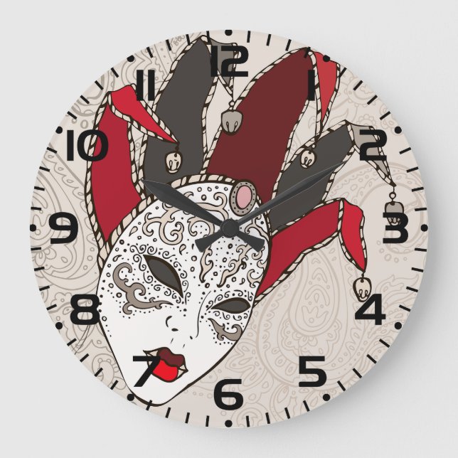 Mardi Gras Jester Mask Venetian Carnival Large Clock (Front)