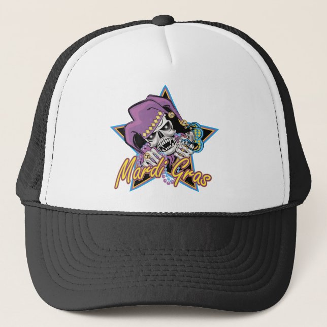 Mardi Gras Jester Skull Trucker Hat (Front)