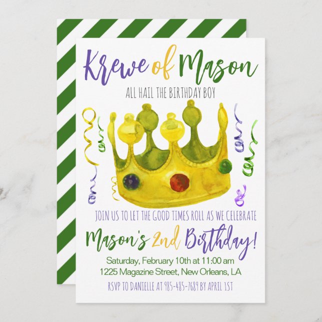 Mardi Gras King Birthday Invitation (Front/Back)