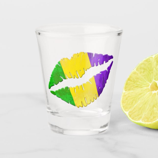Mardi Gras Kiss Lips Purple Yellow Green Shot Glass (Front)