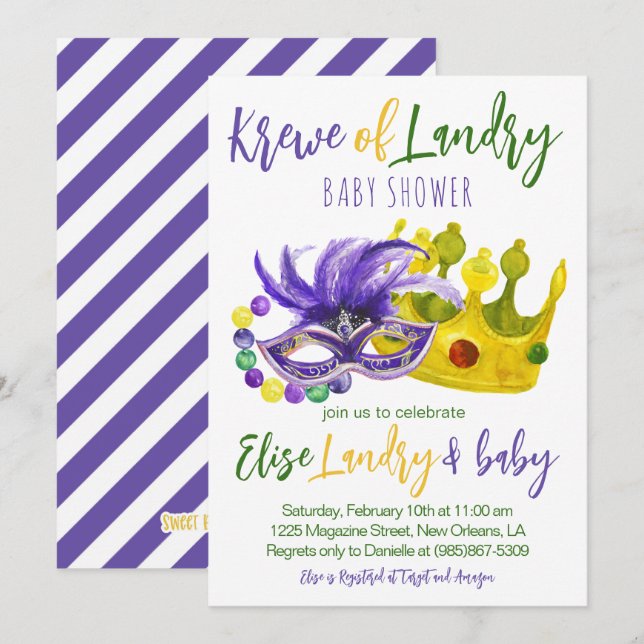Mardi Gras Krewe Baby Shower Invitation (Front/Back)