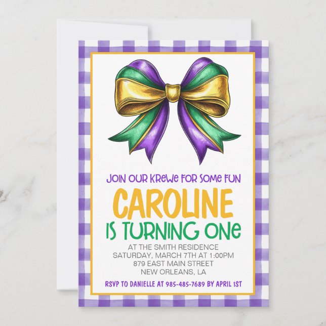 Mardi Gras Krewe Coquette Bow First Birthday Invitation (Front)