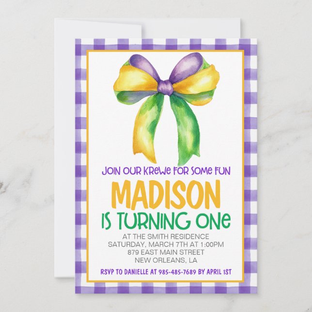Mardi Gras Krewe Coquette Bow First Birthday Invitation (Front)