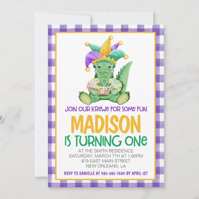 Mardi Gras Krewe First Birthday Invitation (Front)