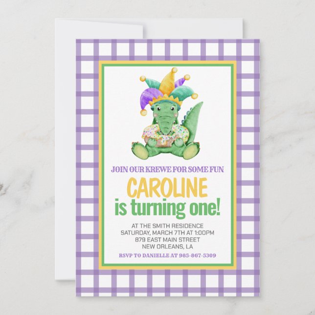 Mardi Gras Krewe Gator King Cake First Birthday Invitation (Front)