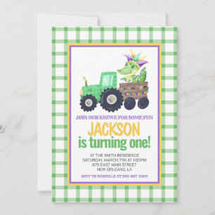 Mardi Gras Krewe Gator Tractor Cake First Birthday Invitation