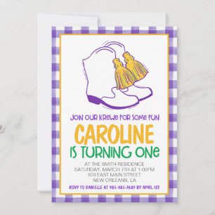 Mardi Gras Krewe Marching Boots First Birthday Invitation