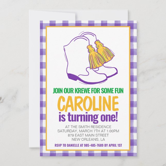 Mardi Gras Krewe Marching Boots First Birthday Invitation (Front)
