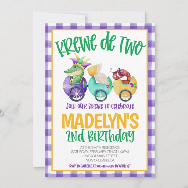 Mardi Gras Krewe Second Birthday Invitation (Front)