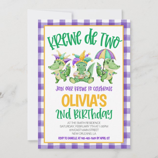Mardi Gras Krewe Second Birthday Invitation (Front)