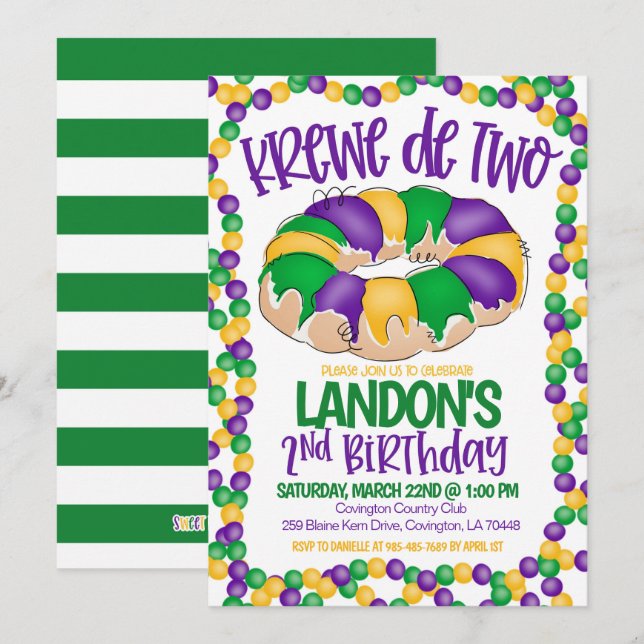 Mardi Gras Krewe Second Birthday Invitation (Front/Back)