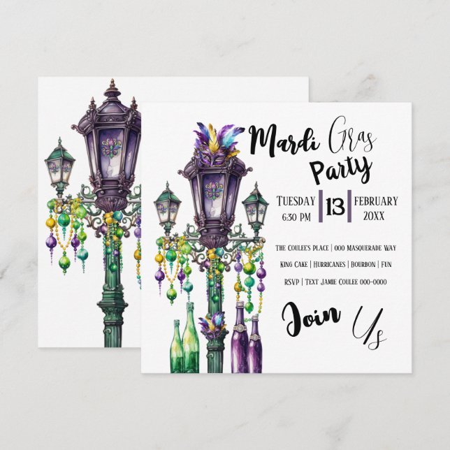 Mardi Gras Lamp Post and Beads Party Invitation (Front/Back)