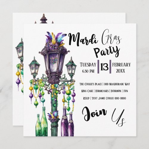 Mardi Gras Lamp Post and Beads Party Invitation