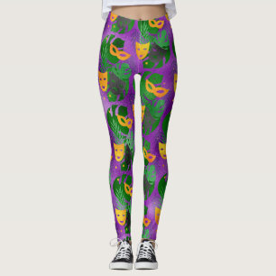 Mardi Gras Leggings, Mardi Gras Masks & Leaves Leggings