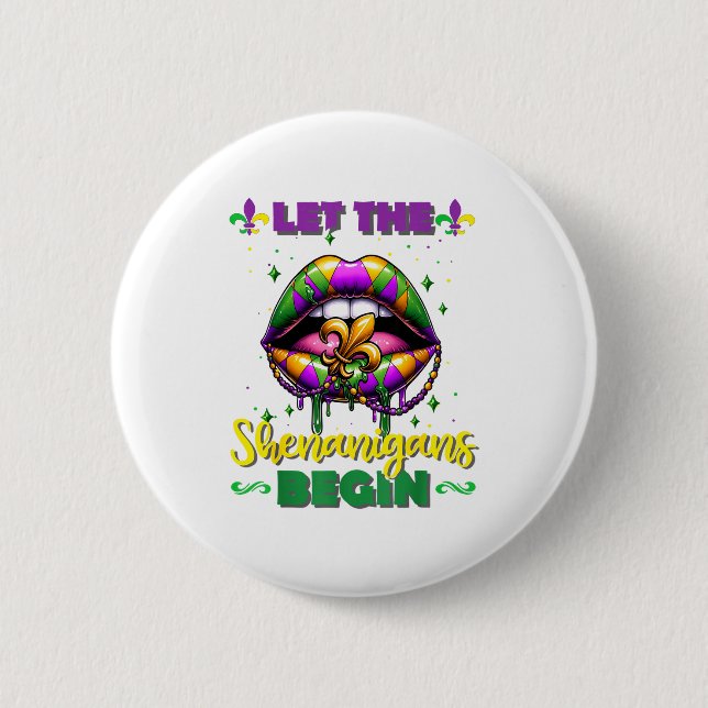 Mardi Gras Let The Shenanigans Begin Lips Kids Men Button (Front)